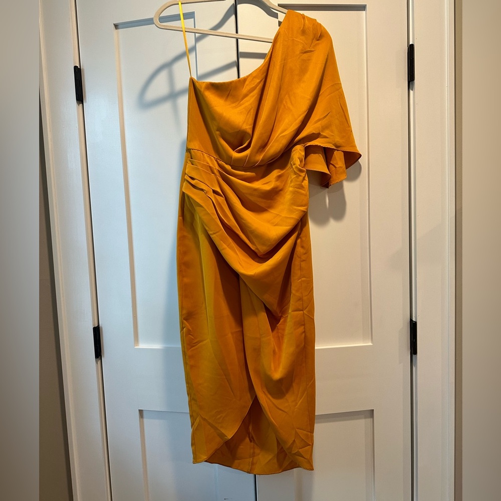 One shoulder burnt orange/gold dress